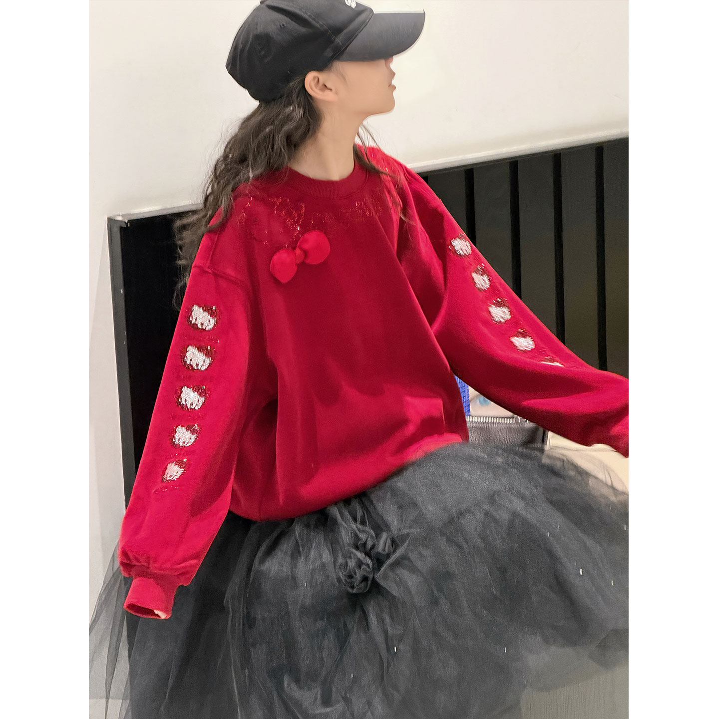 K30429孙小美烫钻女童加绒加厚卫衣秋冬装儿童上衣红色新年装潮