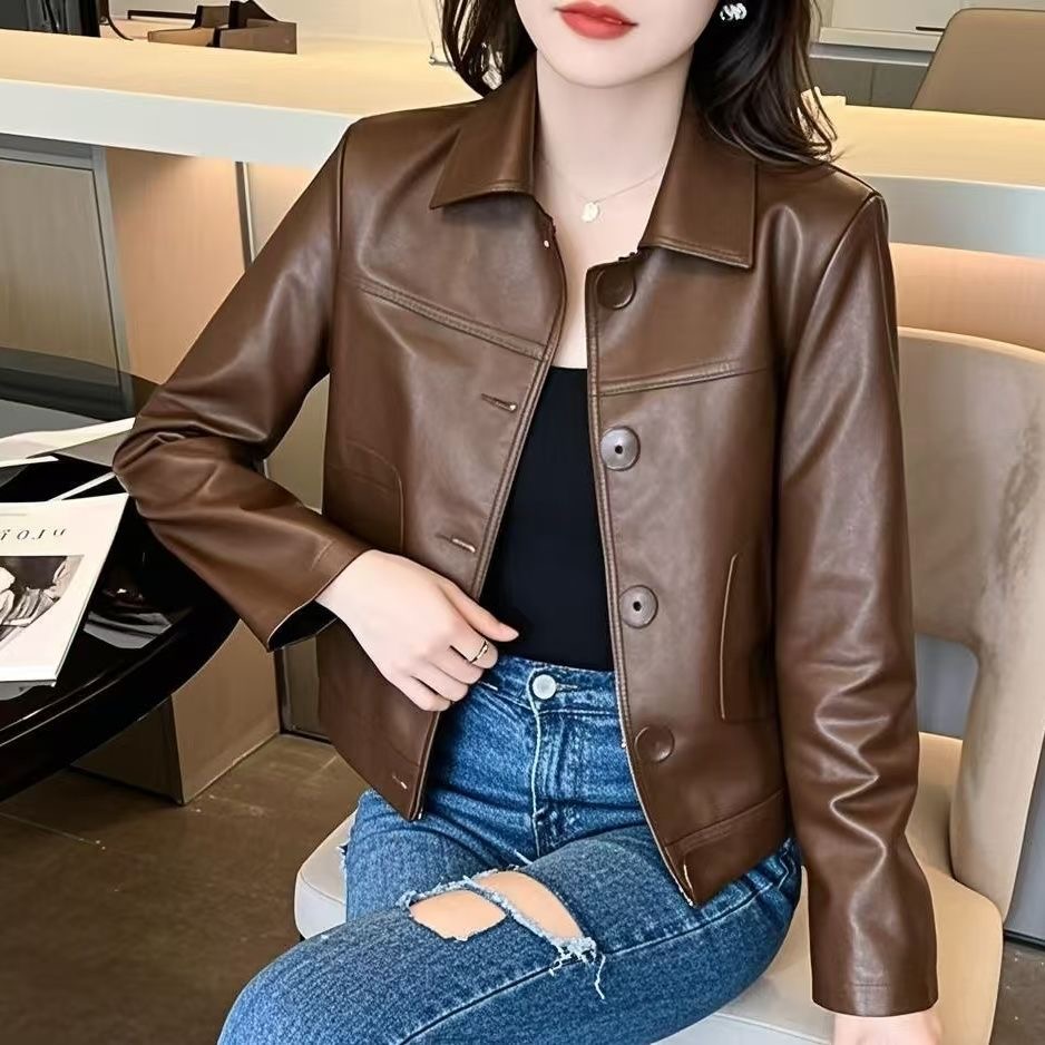 爆款2025年春秋女装排扣纽扣短款百搭显瘦小个子休闲皮衣