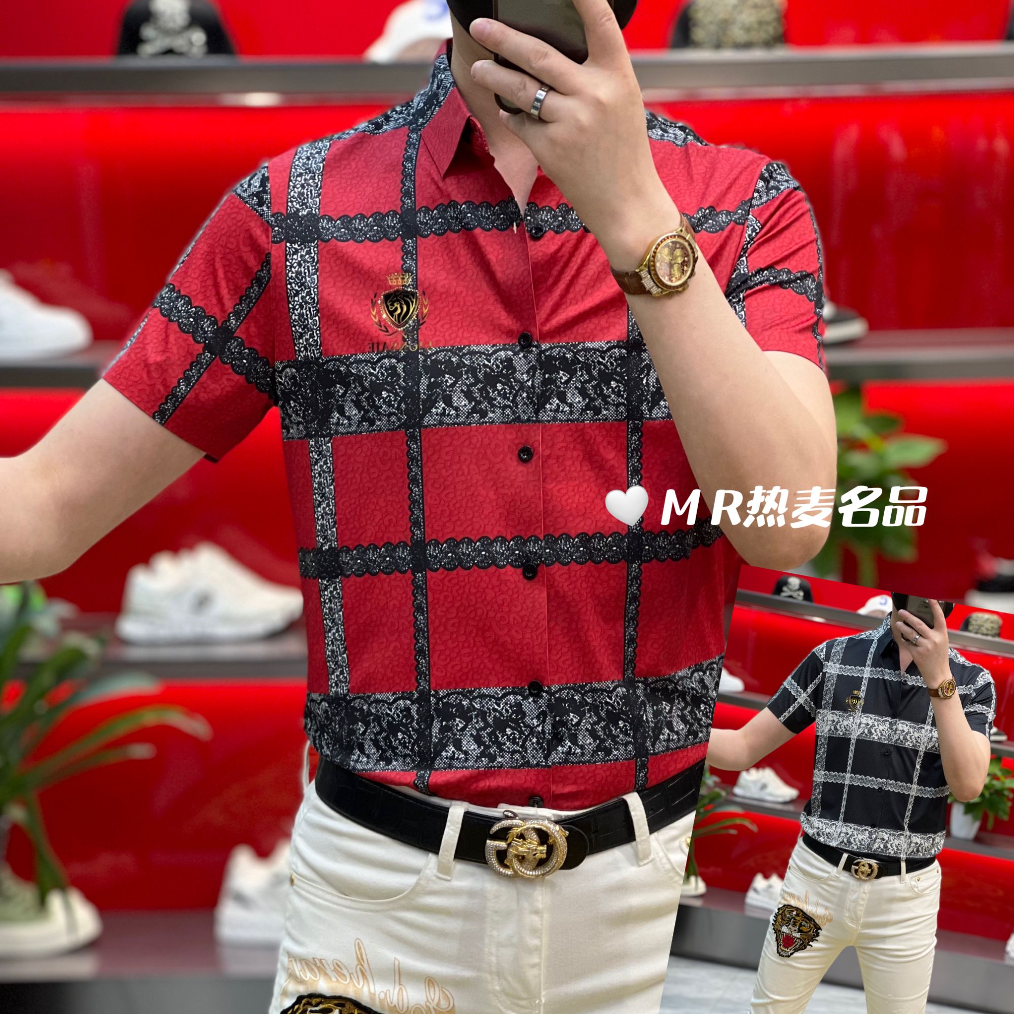 【星欧甄选】夏季短袖格纹暗纹印花款 男士修身免熨烫弹力翻领短袖