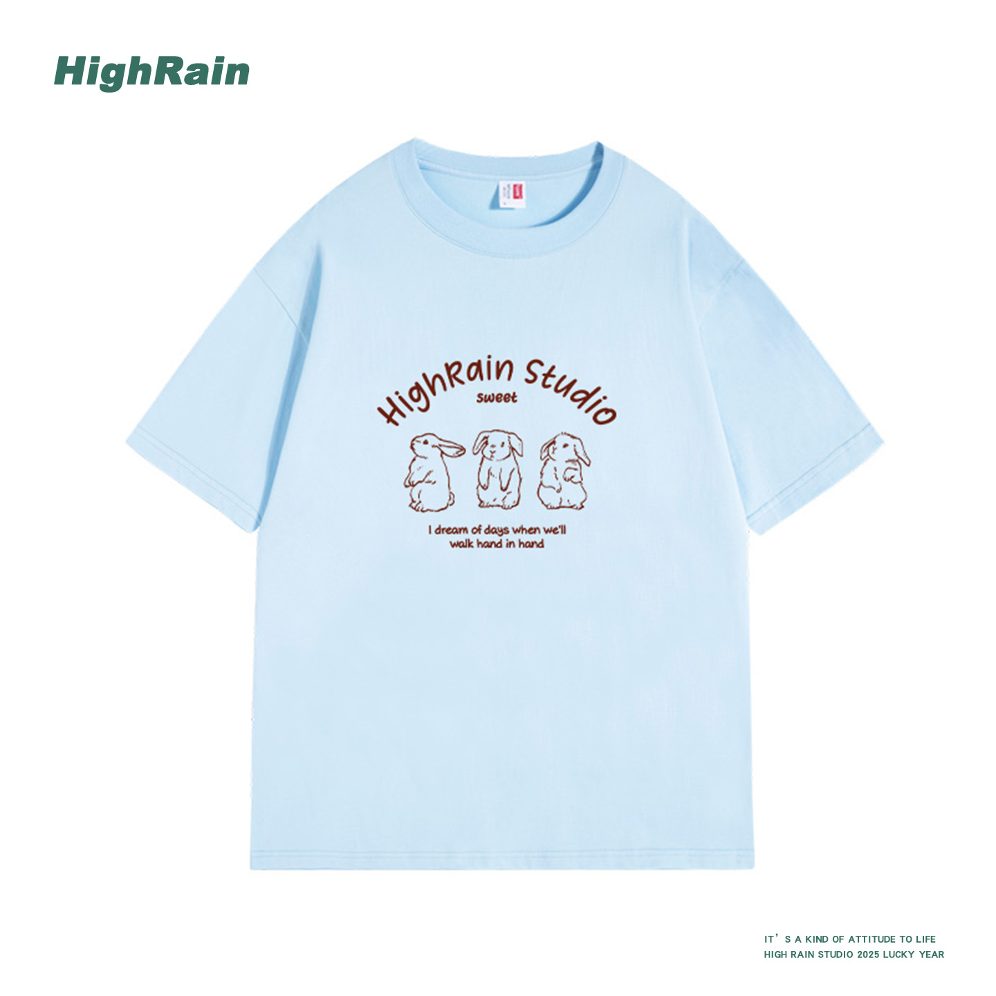 HIGH RAIN日系情绪兔子短袖T恤女2025夏日简约纯棉情侣上衣潮tee