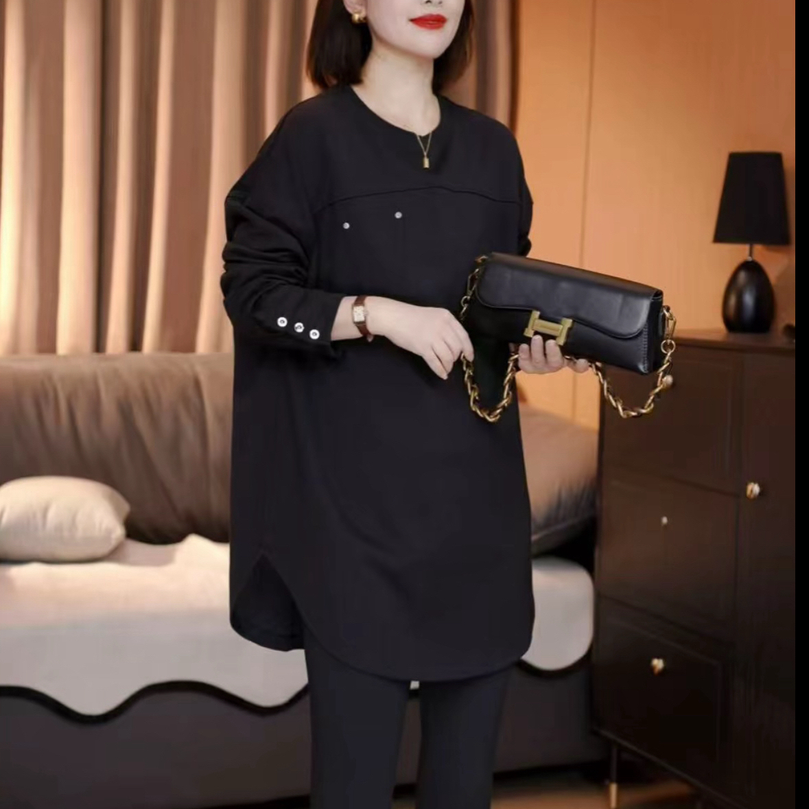 秋冬新款铆钉三长袖宽松T恤气质显瘦遮肉百搭遮臀大码胖mm上衣