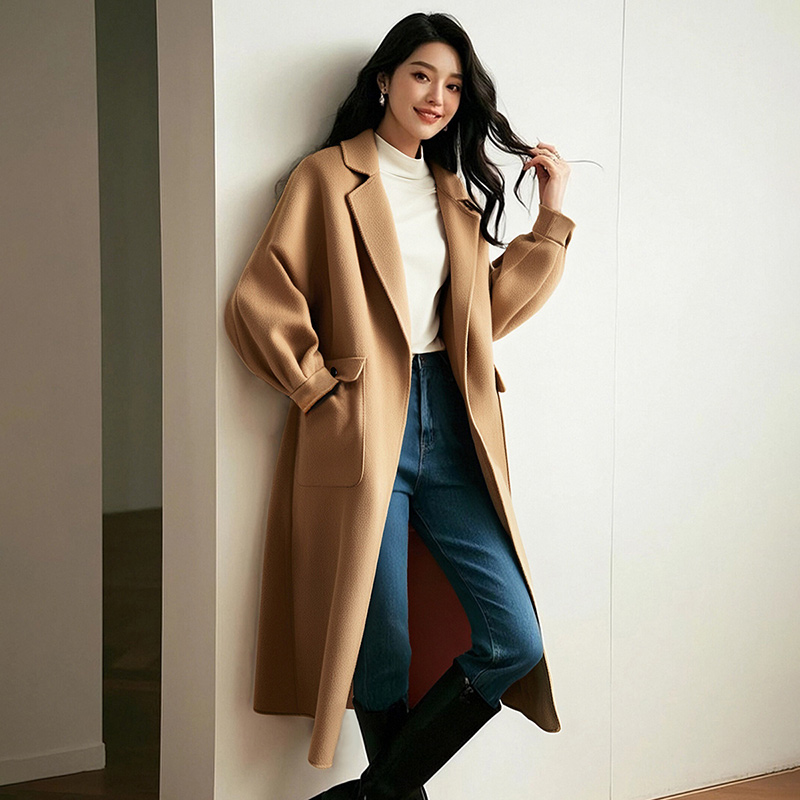 晚白2024冬季新款休闲双面呢简约时尚翻领长款羊毛大衣女24070668