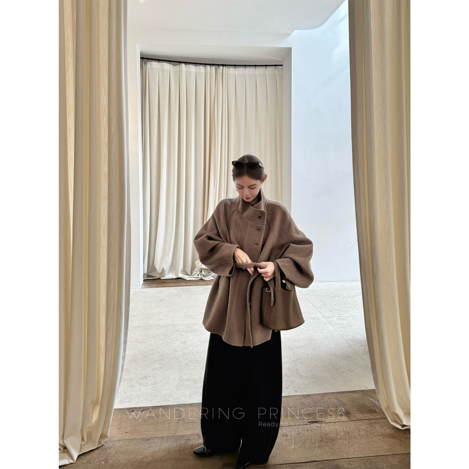 钱美西 新色880g进口110S羊毛羊绒双面呢短大衣设计感系带外套女