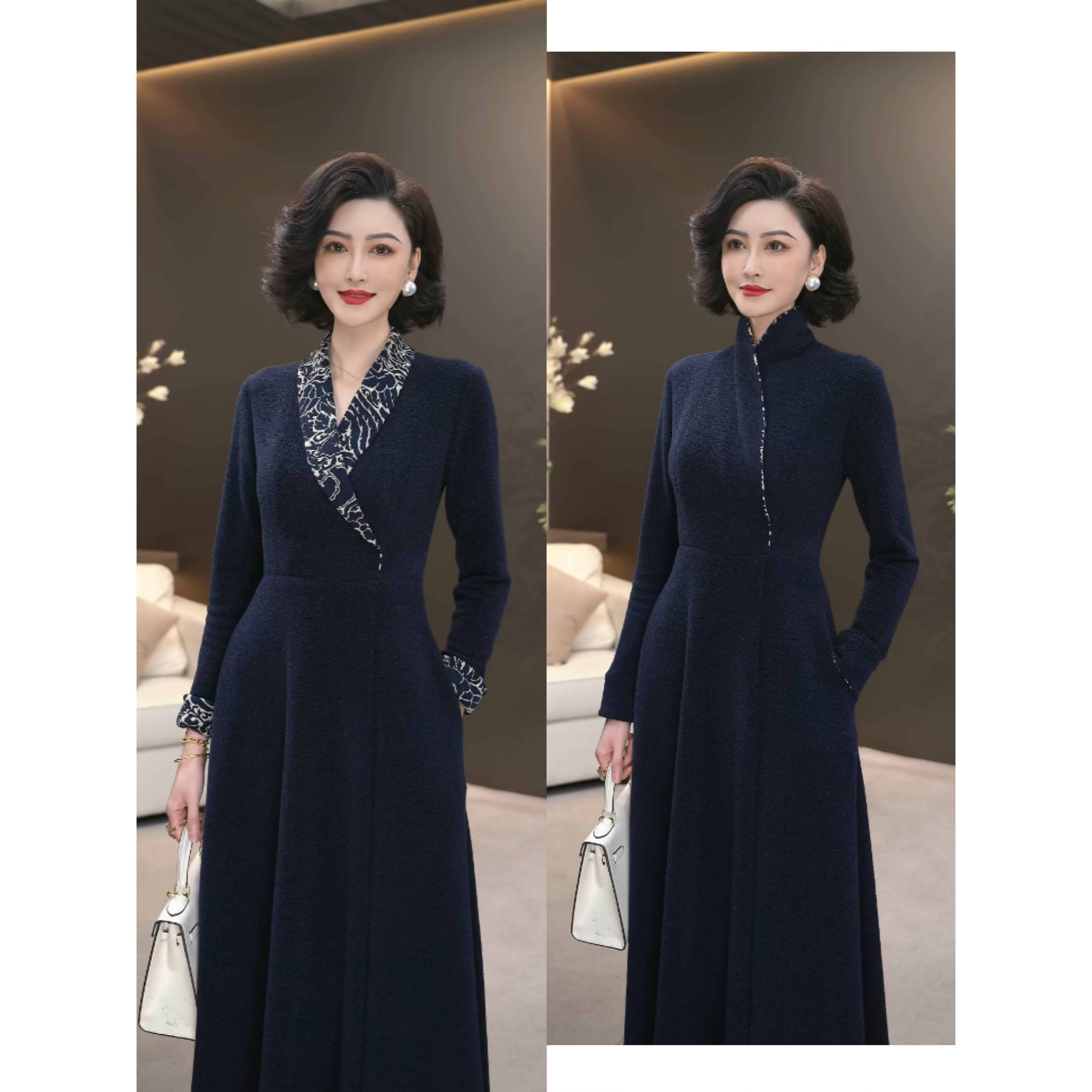 2025冬季藏蓝色撞色星空钻石绒弹力梭织呢保暖加厚连衣裙WF3359