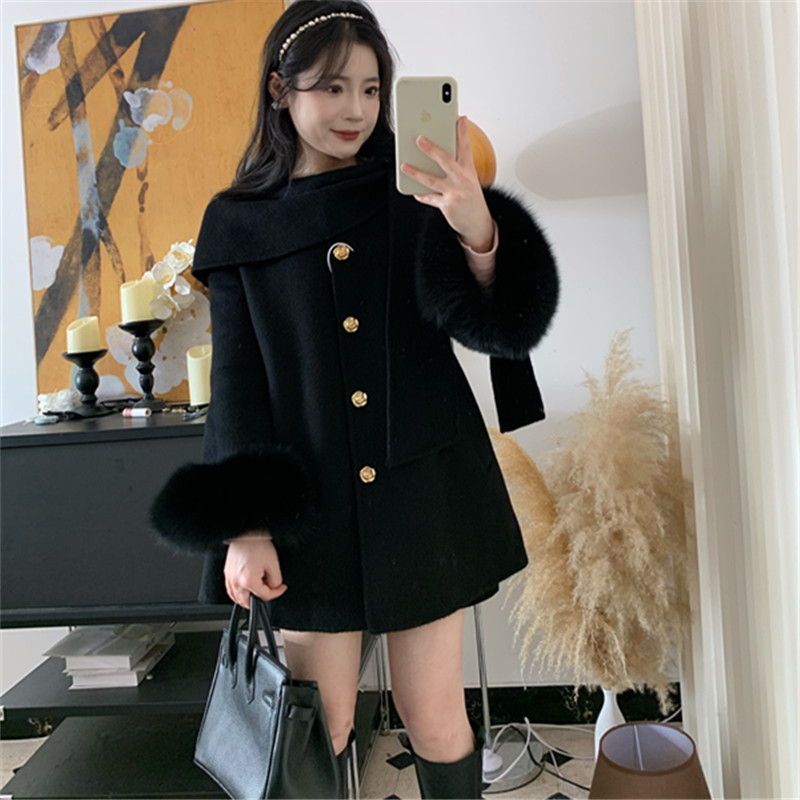 杨小卷 围巾领毛呢外套双面呢可脱卸100狐狸毛羊毛黑色大衣女千金