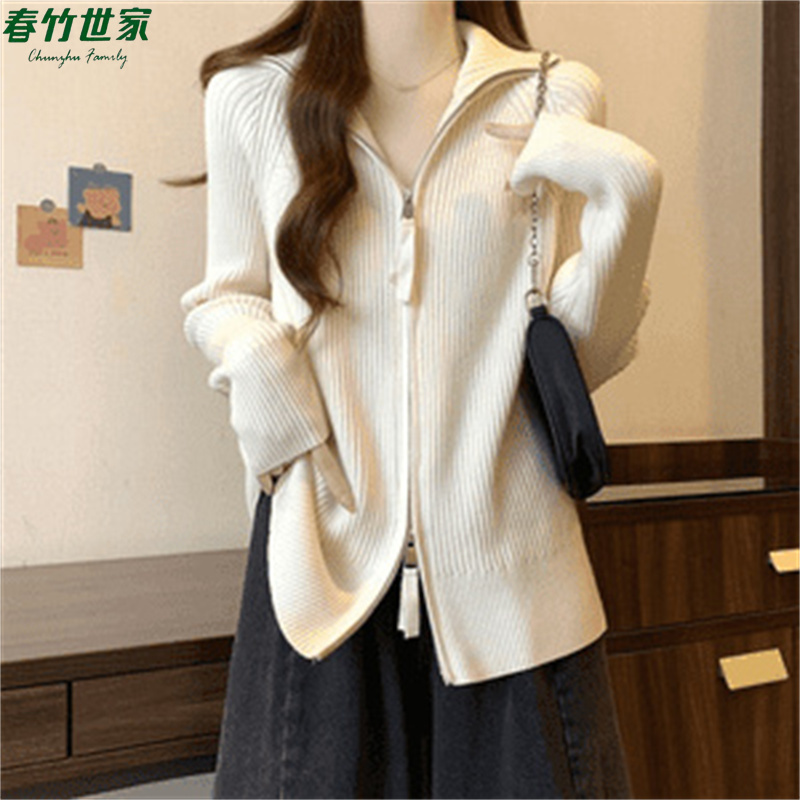 春竹世家针织开衫秋冬2025设计新款高领宽松慵懒毛衣羊毛外套