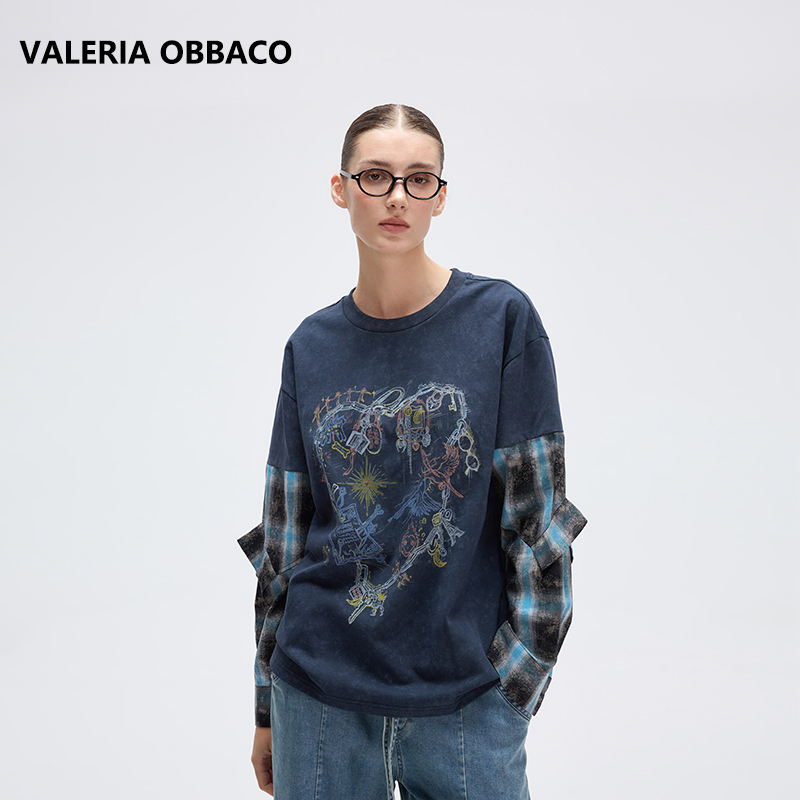 VALERIAOBBACO/瓦莱丽娅 奥贝科拼格纹爱心涂鸦长袖T恤