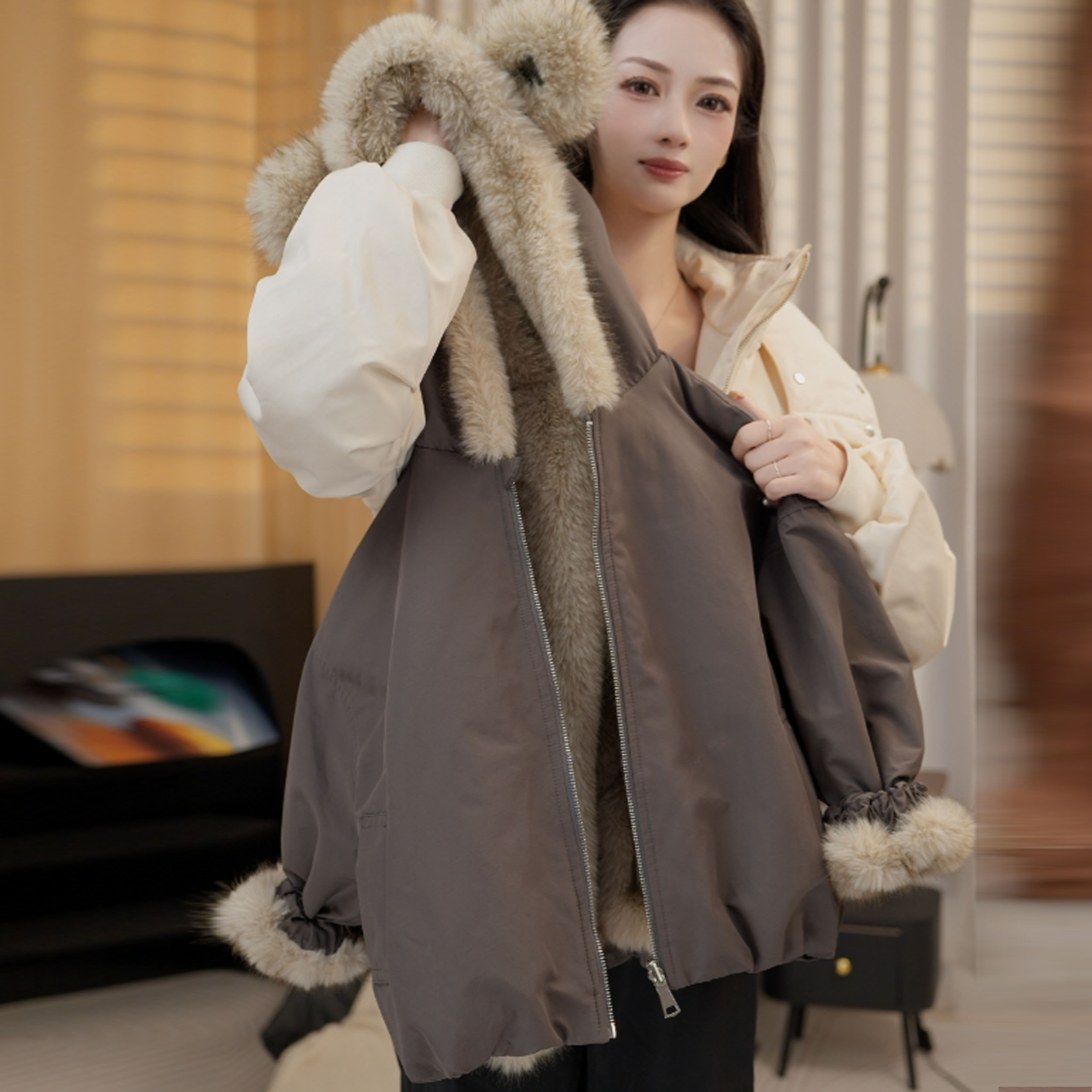 3078女童外套冬装2025新款中大儿童加绒加厚双面穿连帽上衣