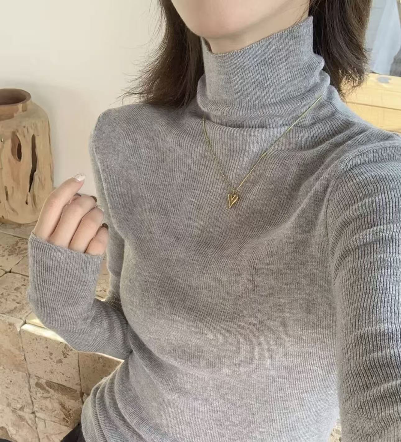  秋冬新款无缝一体高领堆堆领时尚百搭打底衫100绵羊毛8828