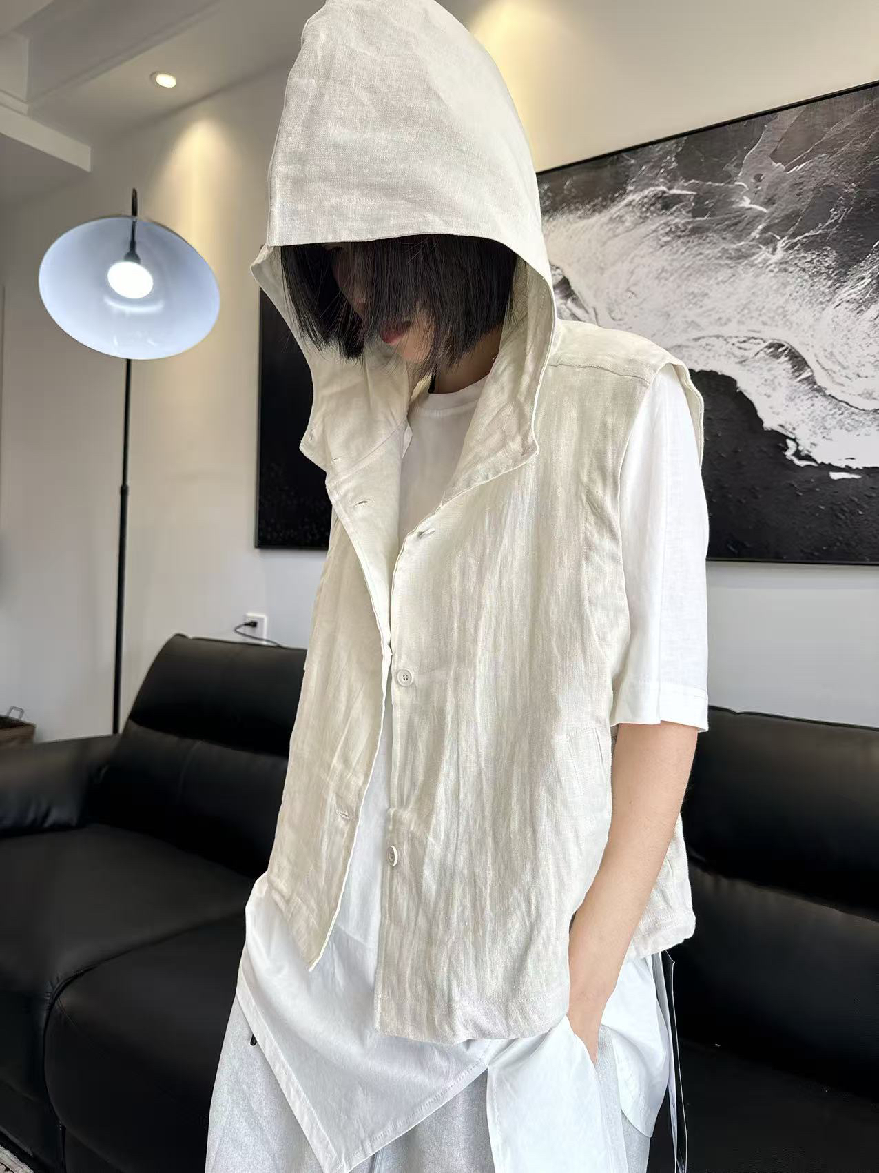 遇见·夏季新款休闲马甲连帽麻马甲纯色百搭
