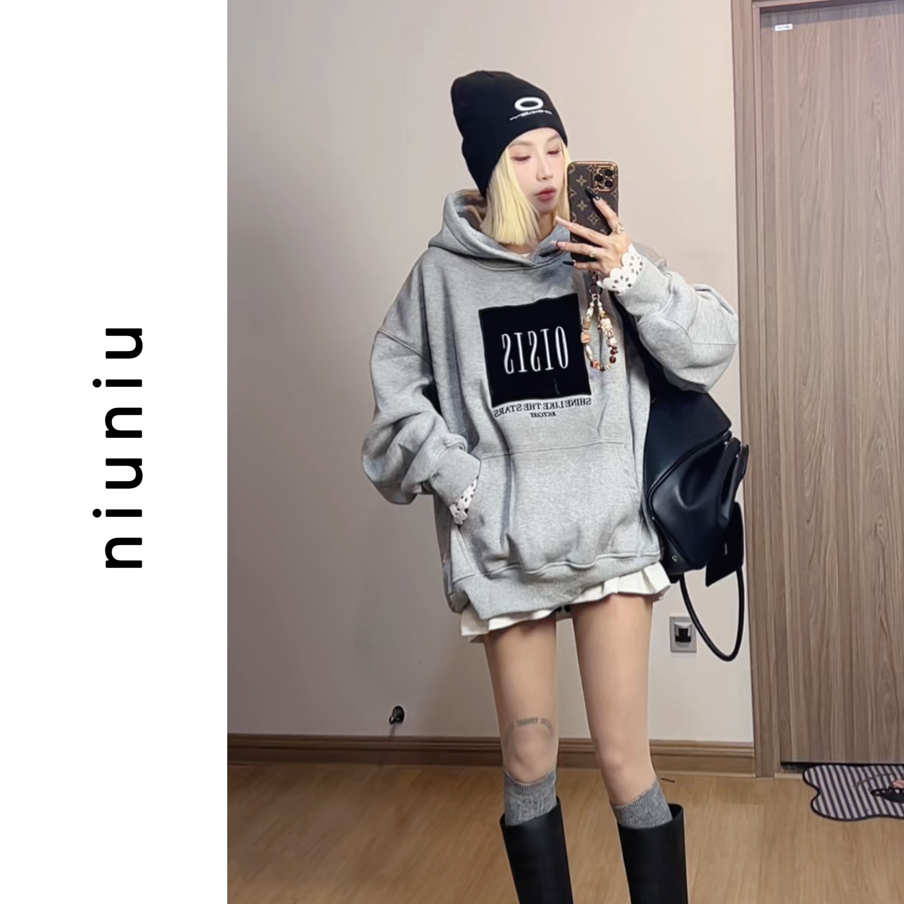 niuniu妞妞/『字母连帽卫衣』秋冬时尚休闲加绒加厚灰色字母印花款
