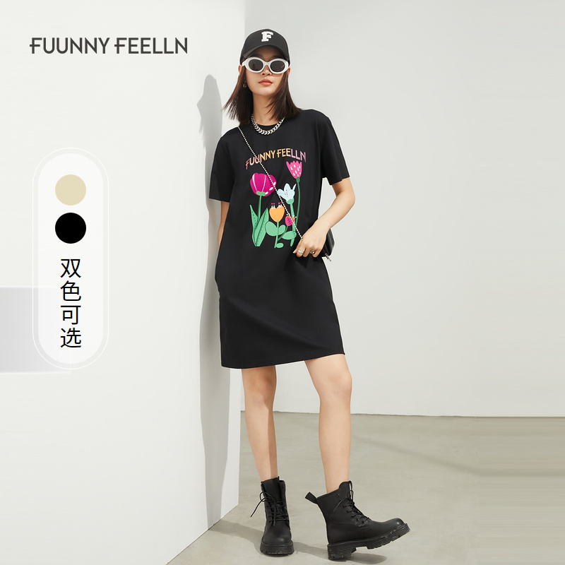 商场同款FF||仿佛短袖连衣裙新疆长绒棉中长款宽松FF01356