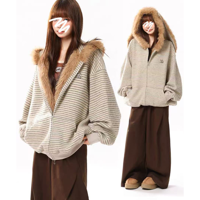 美式复古兔耳条纹连帽卫衣男女冬季设计感百搭毛领情侣开衫外套潮