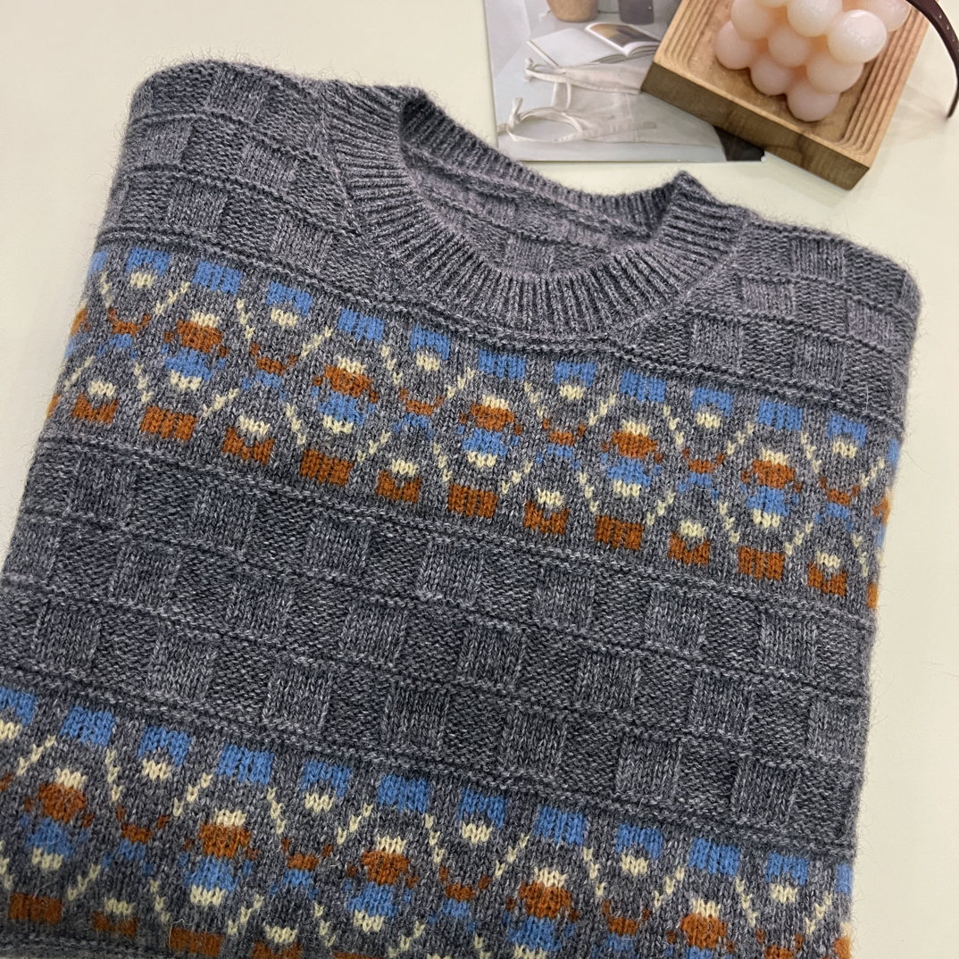 绒品 韩系提花编织拼色加厚套头针织衫