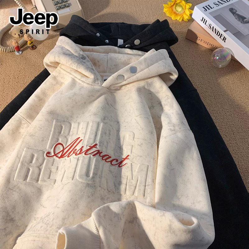 Jeep吉普加绒加厚卫衣女冬季慵懒风宽松美式凹凸连帽上衣服港风