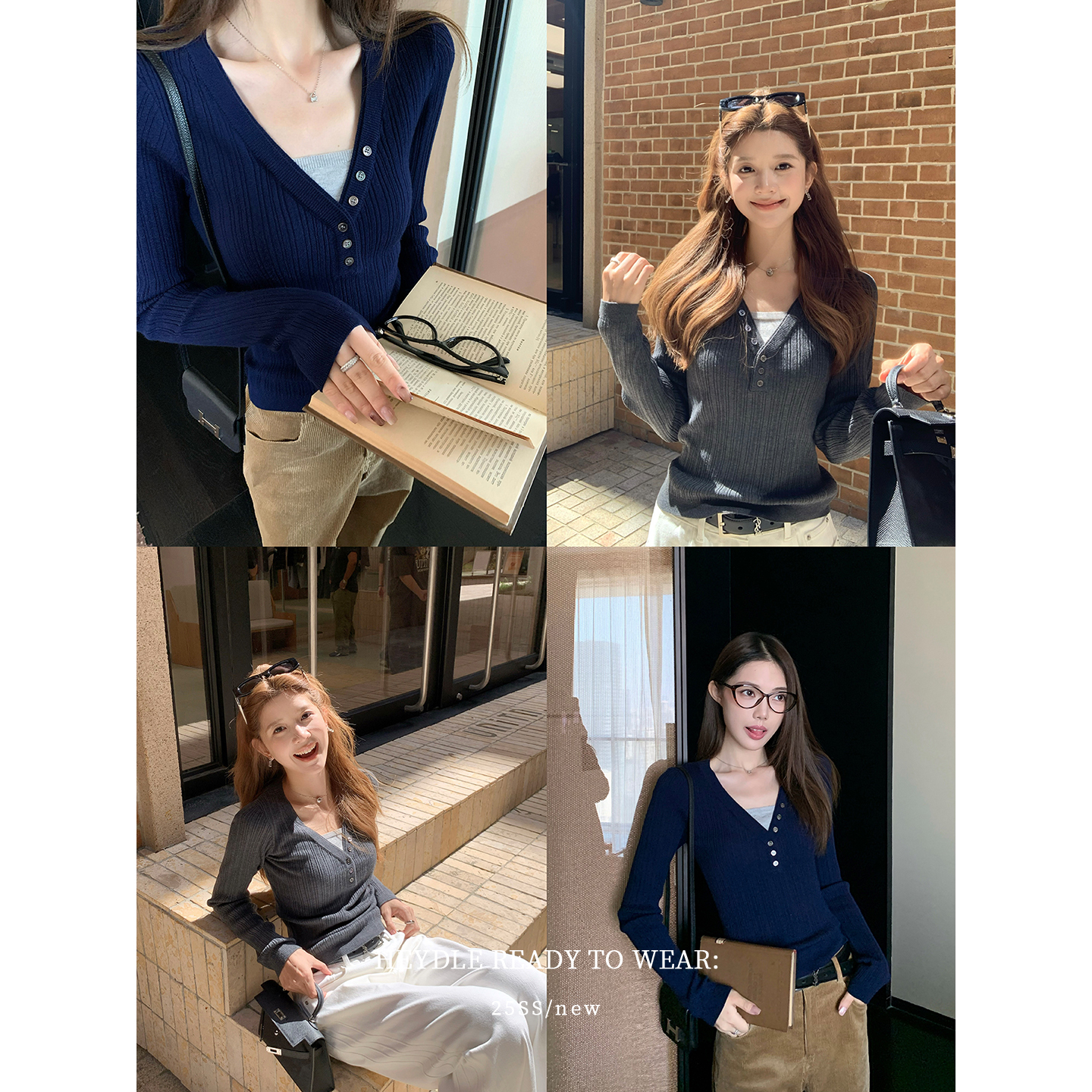 黑豆哼哼 周末缪斯*假两件拼色坑条针织衫修身长袖V领打底衫上衣