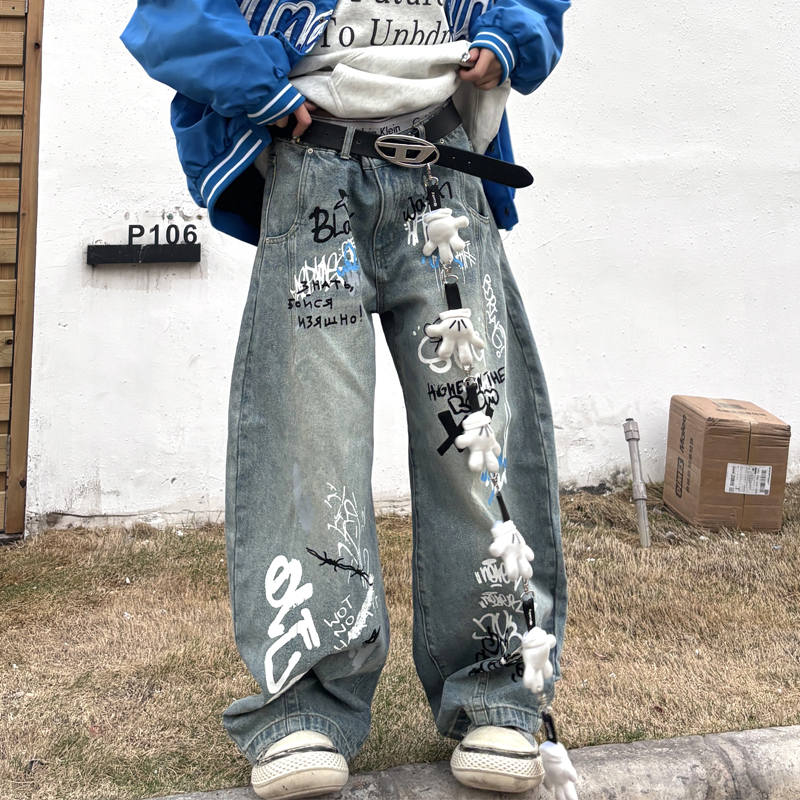 【ONCE专属】ANDLIFE品牌2025新品潮牌涂鸦阔腿弯刀裤牛仔裤嘻哈潮