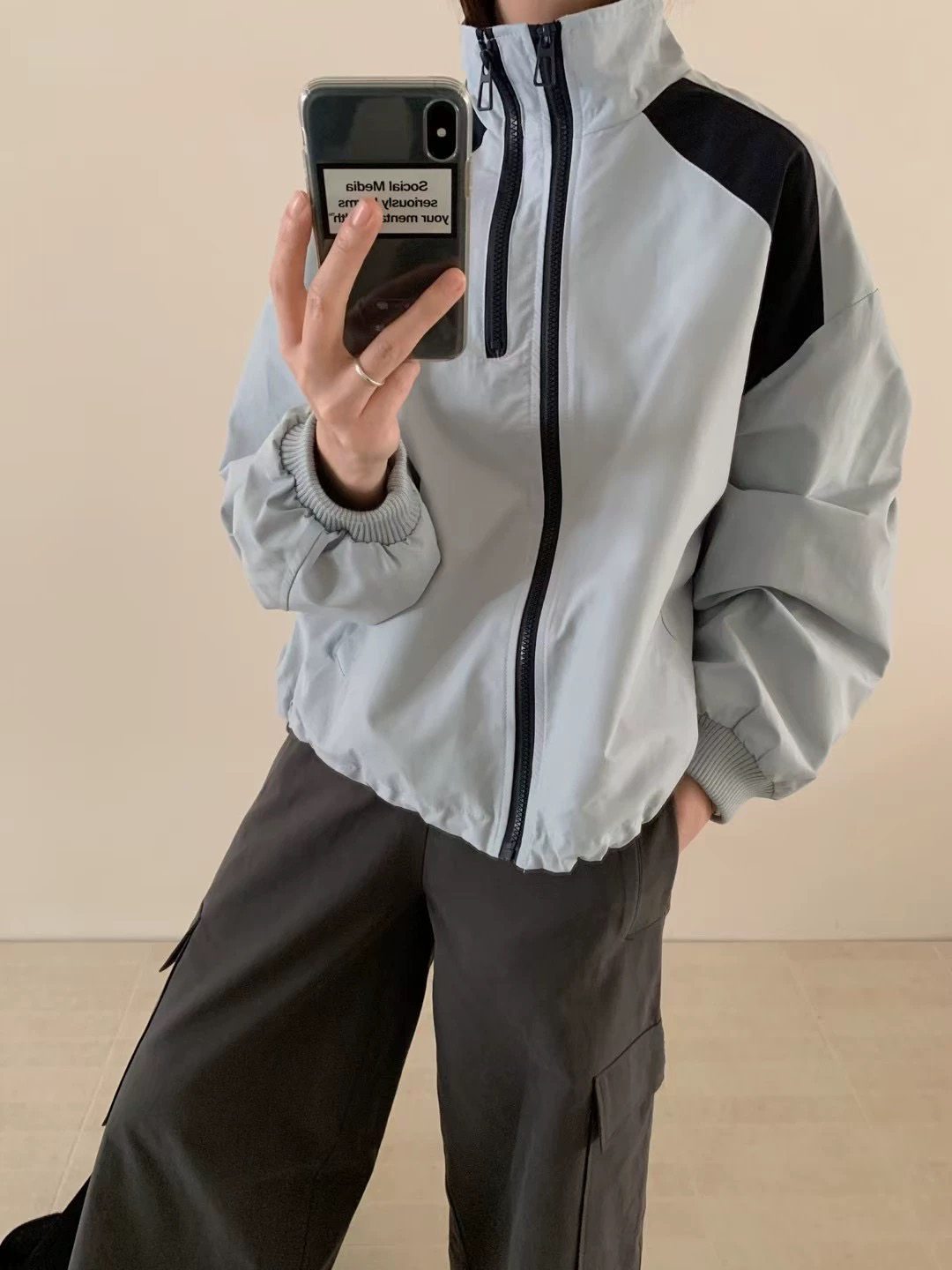 撞色立领双拉链冲锋衣外套女2025春季新款设计感宽松休闲夹克上衣