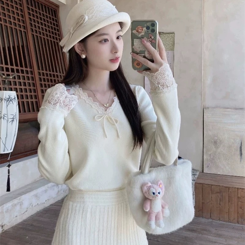 AFRESHM77【温柔蝴蝶结】秋冬新款法式温柔蝴蝶结蕾丝针织衫Y0154