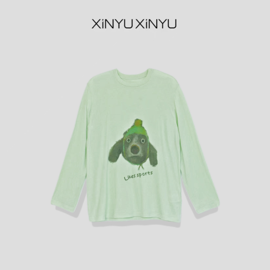 XINYU/芯与薄款俏皮小狗图案长袖T恤 30374 休闲 显白 宽松 时尚