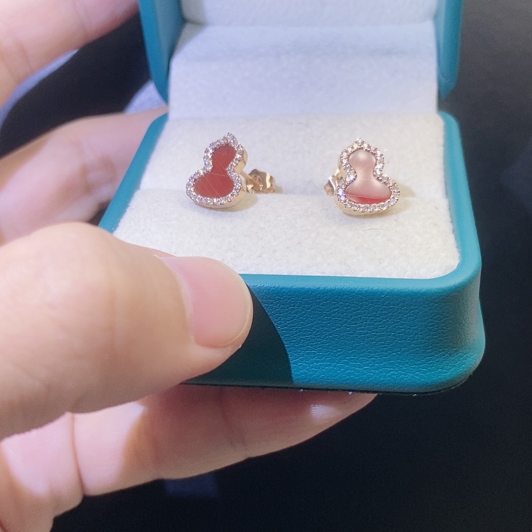 钻石耳饰18K金镶嵌红葫芦耳针K玫玛瑙