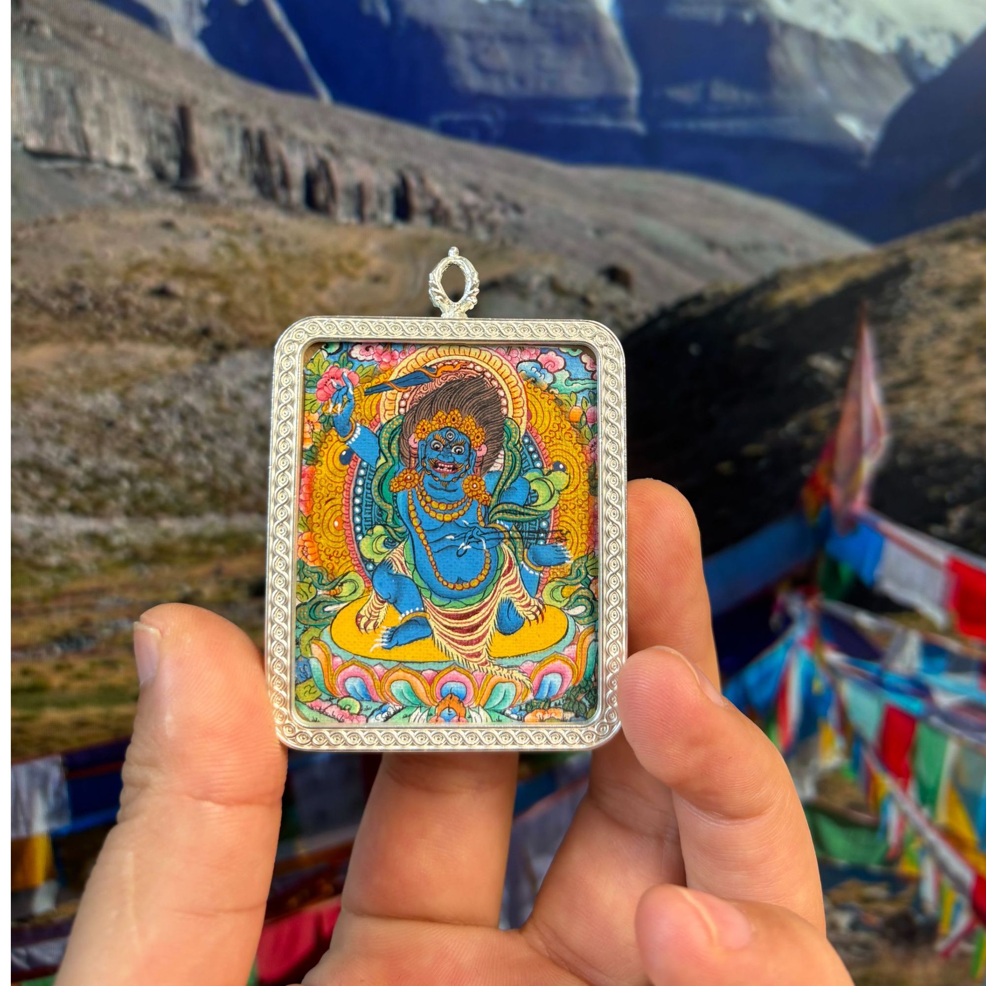 合金吊坠 尼卡矿料手绘唐卡黄C普贤不动四臂大势文殊坠链坠饰