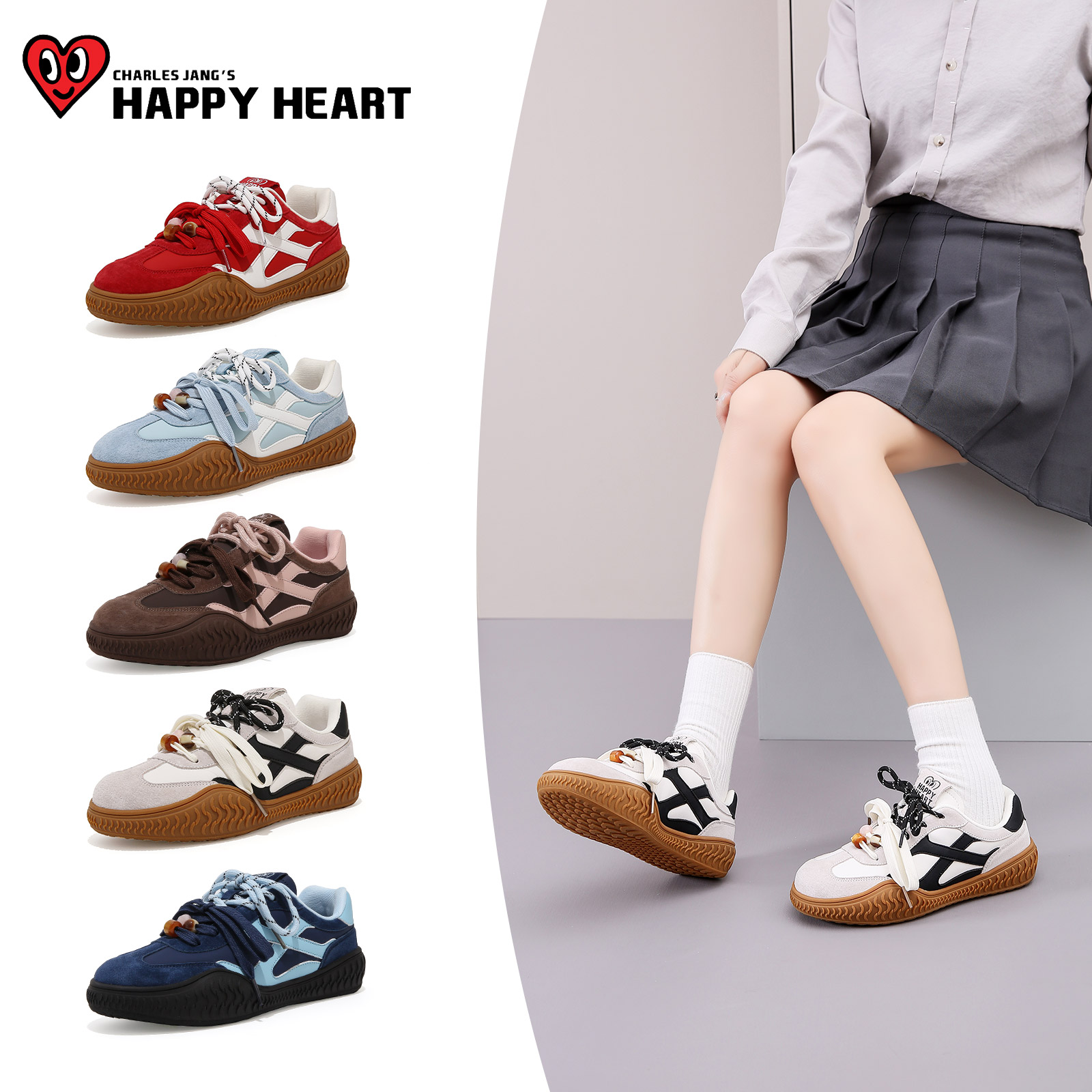 查尔斯桃心女鞋子真皮德训鞋秋上新时尚百搭千金风板鞋带双12好物