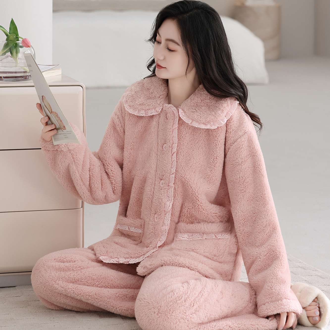 【蕾丝花边】毛绒雪花绒家居服套装秋冬可外穿女士法兰绒保暖睡衣