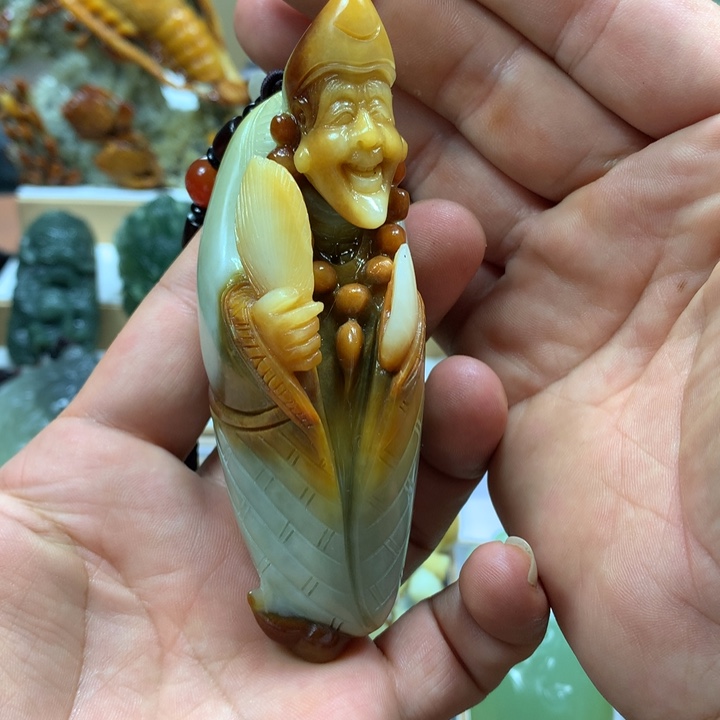 莲***花蛇纹石玉未镶嵌手把件