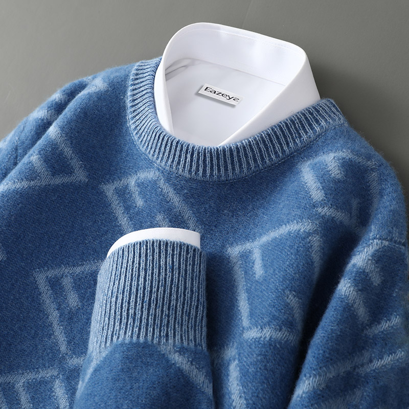 亏米做人气~纯羊毛衫男圆领加厚宽松时尚休闲打底衫拼色针织上衣