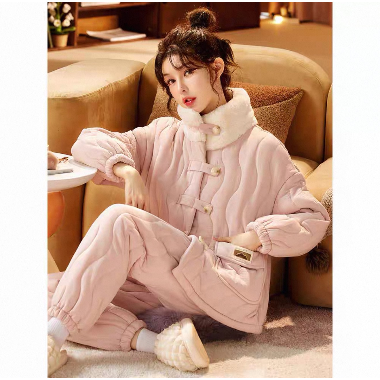 65-女士冬季加厚粉立领波浪条家居服套装