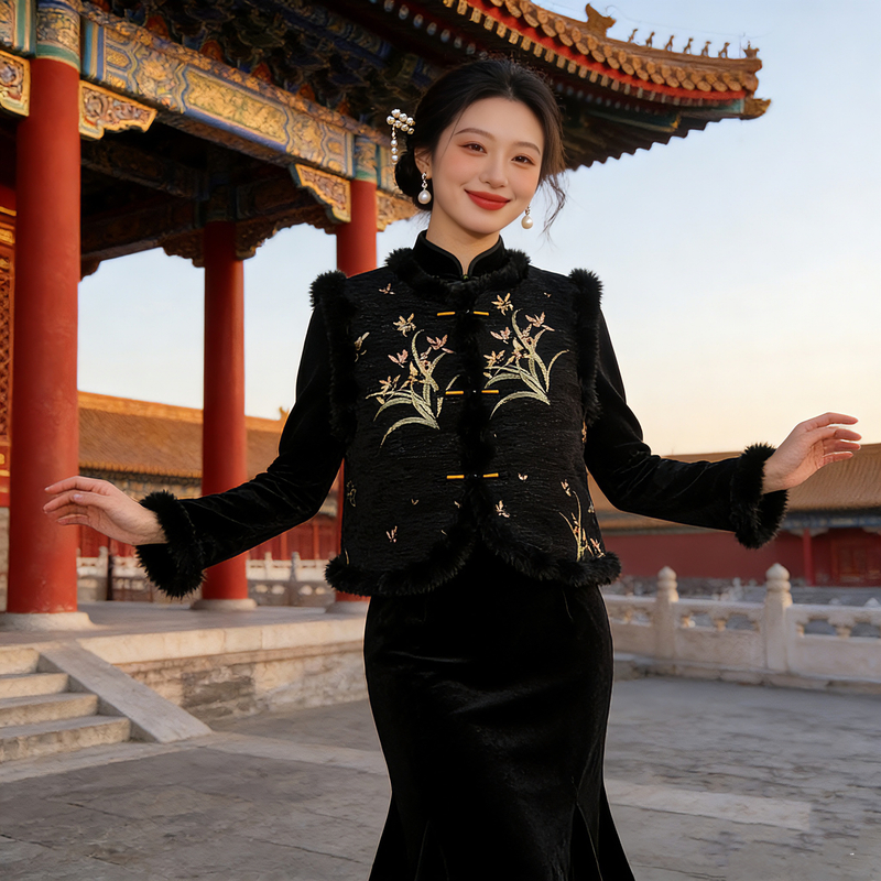 3527 楚兰黑 雪尼尔 冬款加绒加厚年轻改良旗袍马甲【单独马甲】