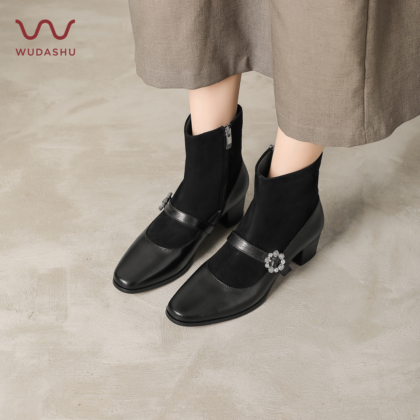 【WUDASHU】方头玛丽珍羊皮短靴通勤舒适女鞋时装靴