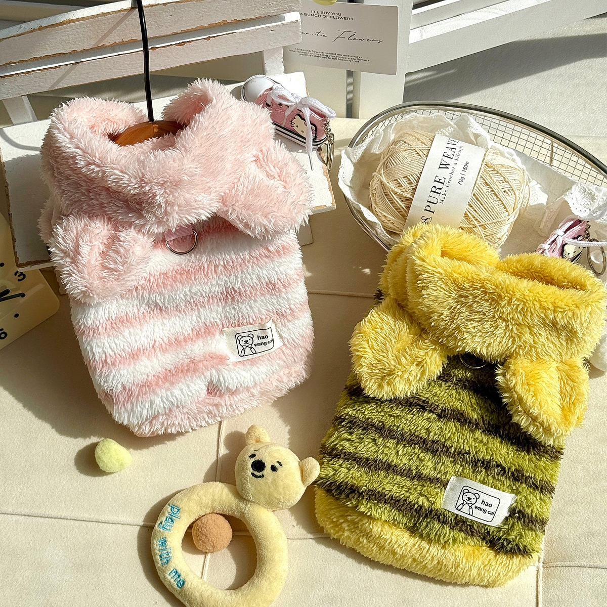 秋冬新款条纹毛绒连帽背心宠物狗狗猫咪加厚保暖冬季衣