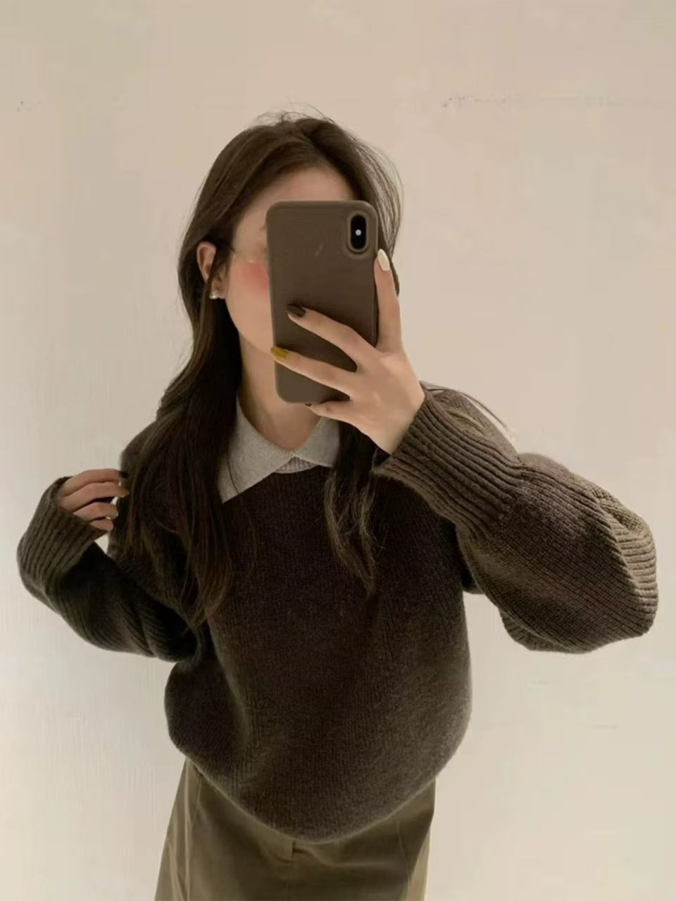 拼色翻领软糯毛衣女高级秋冬复古洋气遮肉显瘦长袖上衣针织衫