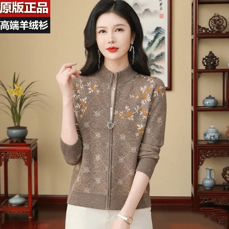 潮牌针织毛衣外套拉链秋冬外穿女立领开衫纯羊绒衫洋气时尚