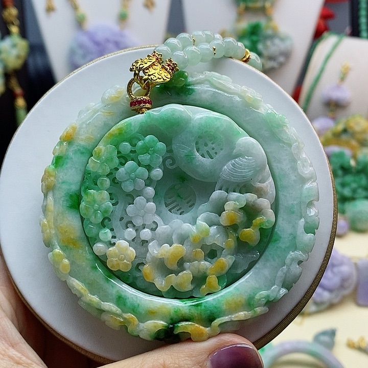 翡翠手镯未镶嵌翡翠黄加绿雕刻花鸟套镯55.3