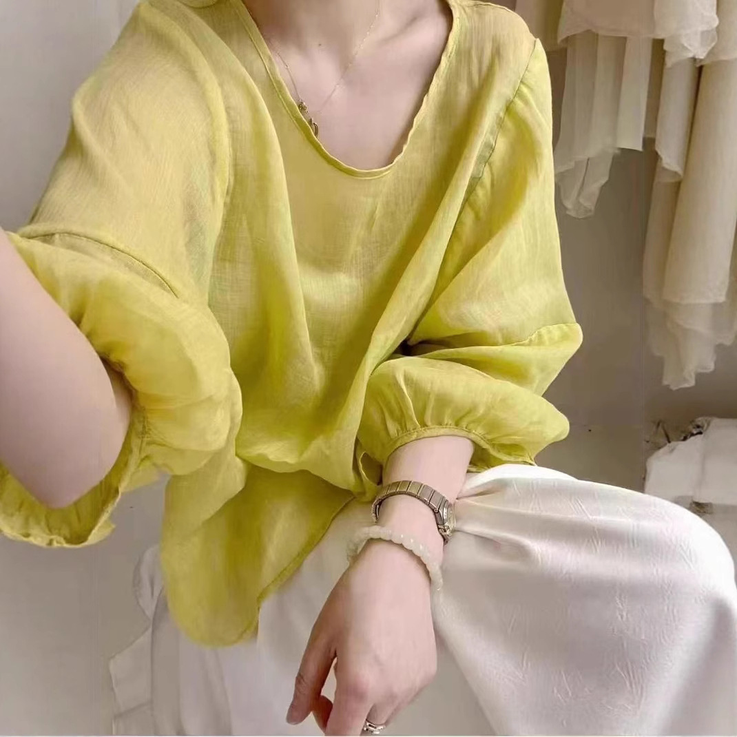 宽松薄款灯笼袖百搭苎麻夏季新款显瘦百搭文艺复古2025小众女衬衫