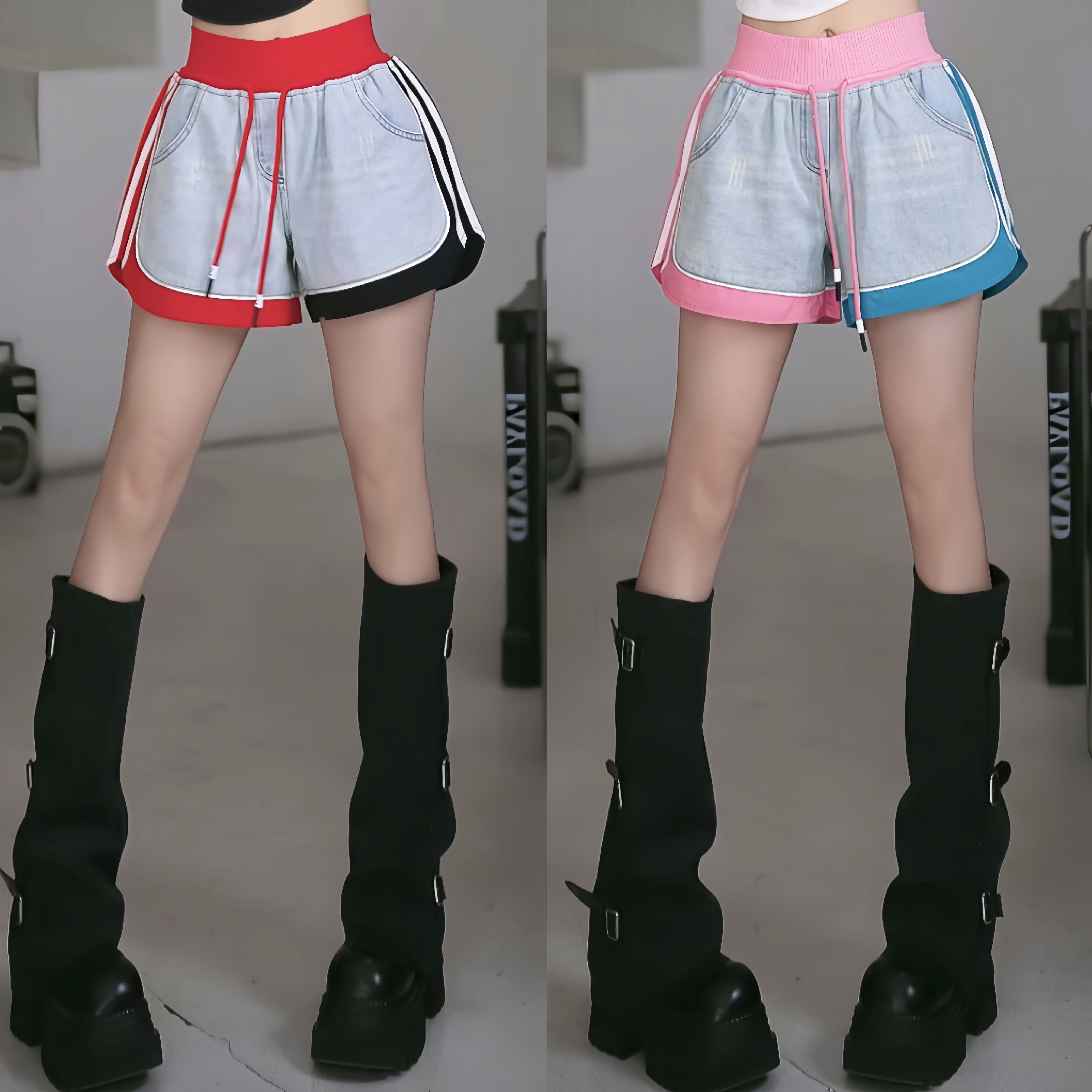 【笑姐定制】35185 小众做旧洗水牛仔拼接车边竖条设计松紧腰短裤