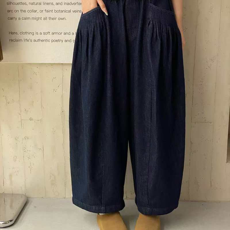 讠木35590休闲宽松大码压褶口袋设计松紧腰阔腿牛仔裤女2025秋季