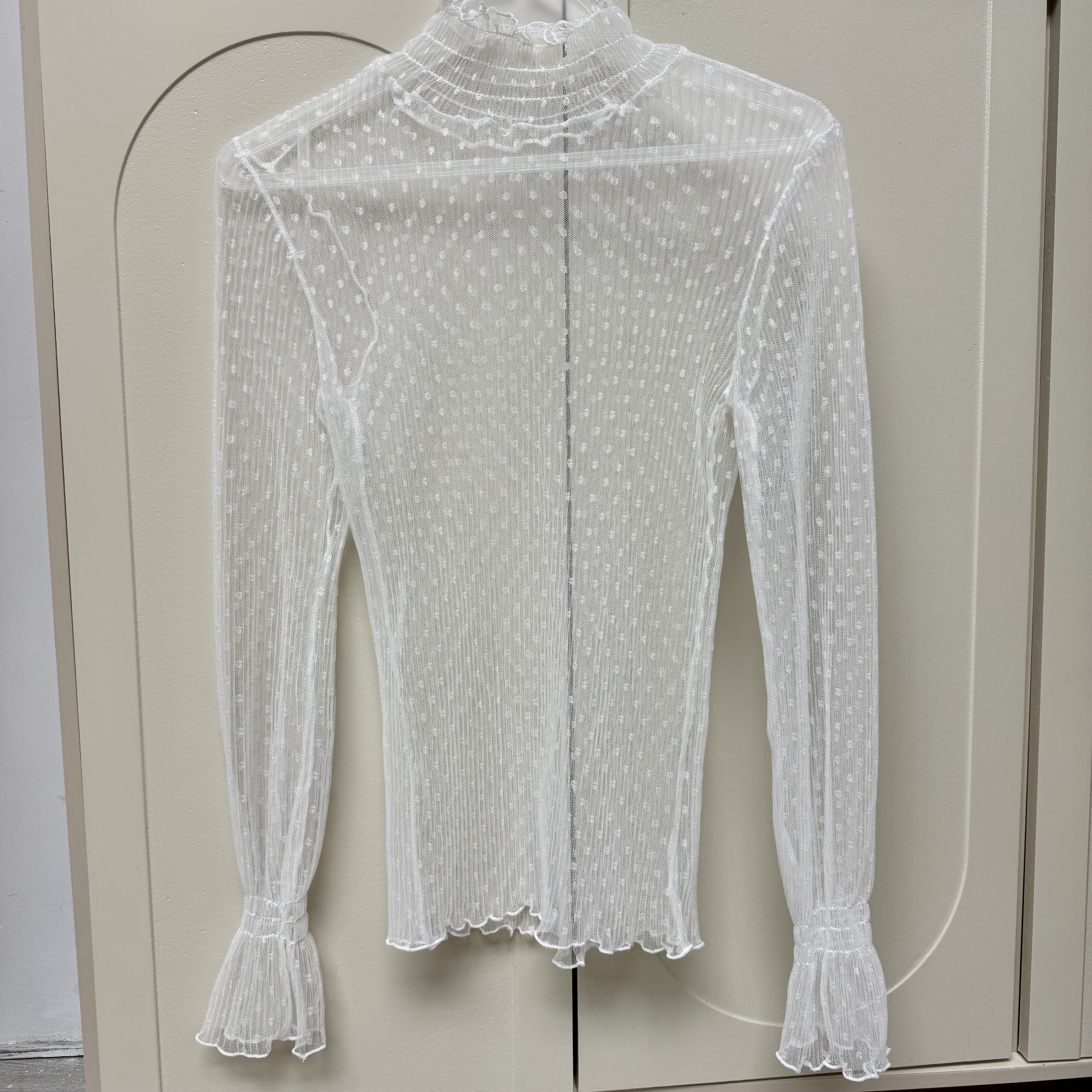 浪漫重工波点蕾丝网半高领打底衫