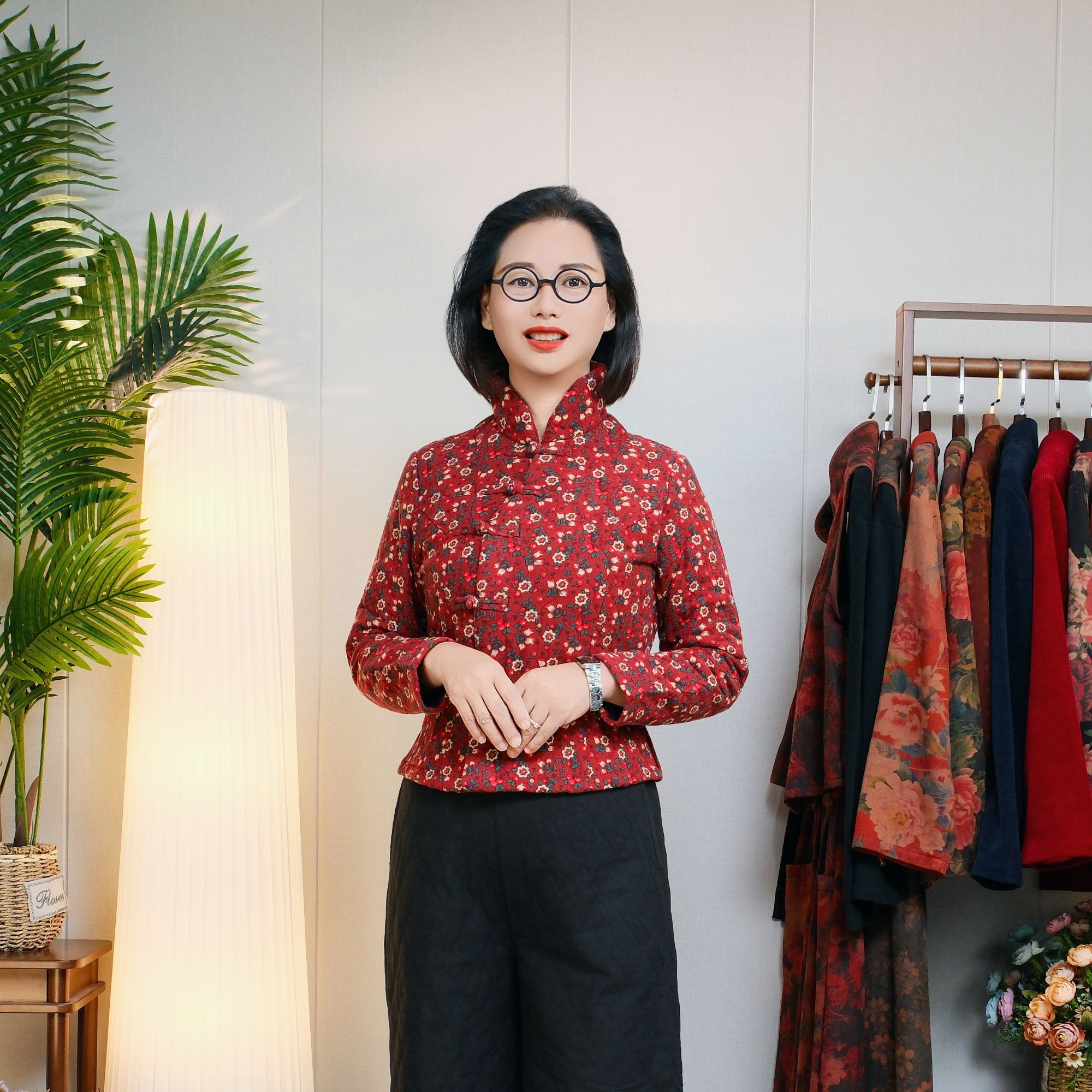 <新花簇2>国风立领棉麻立领长袖保暖棉衣棉服中式碎花短款2159