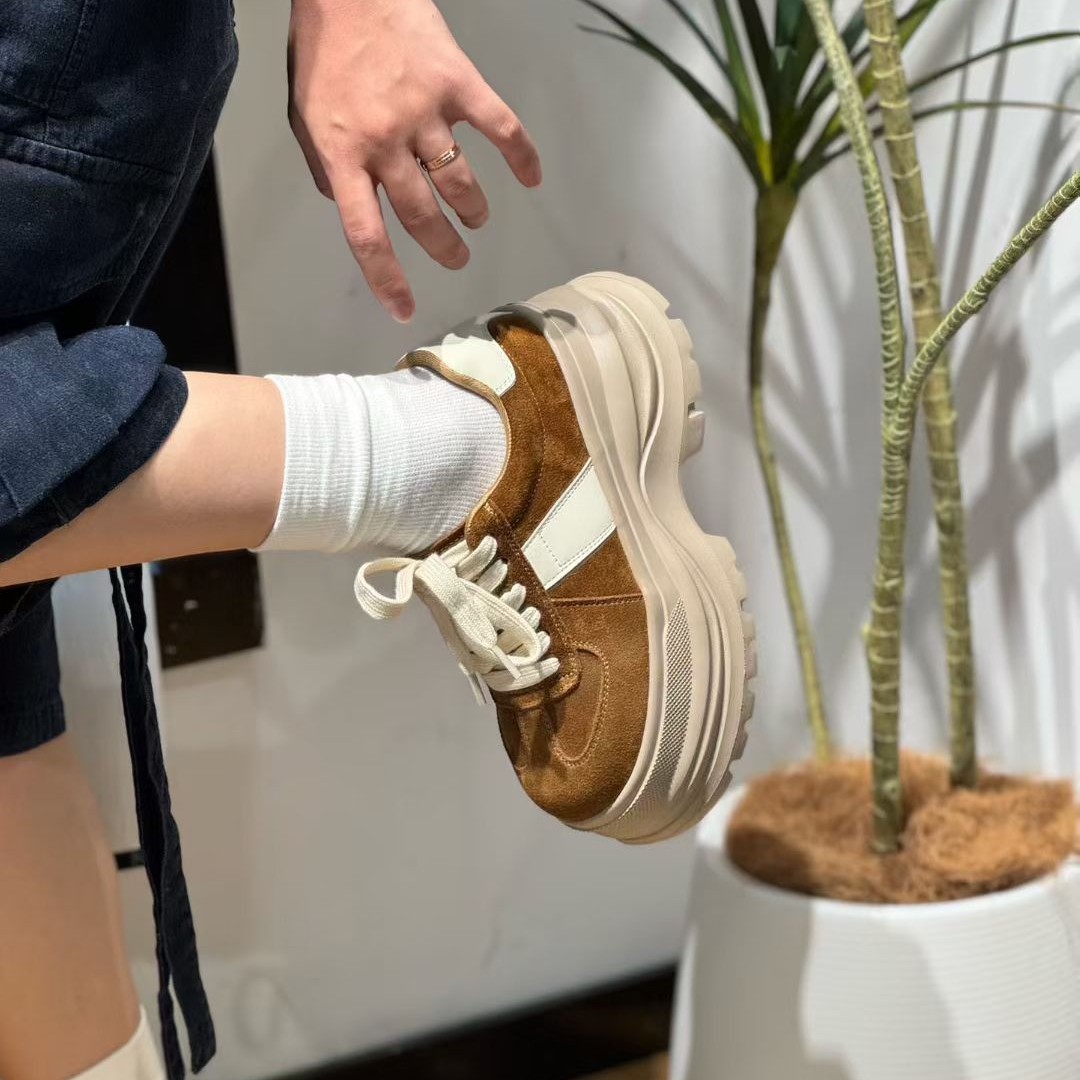 女鞋时尚百搭真皮厚底松糕鞋单鞋老爹鞋圆头秋季系带