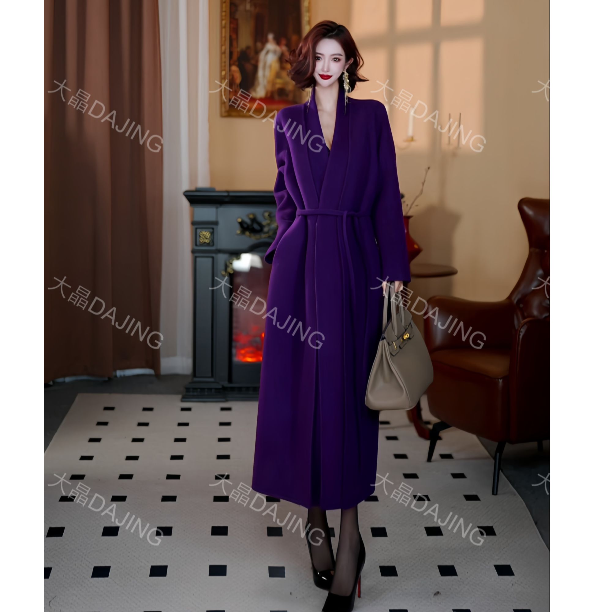 【大晶专属】冬季新款[百分百羊毛]双面呢典雅紫系带大衣