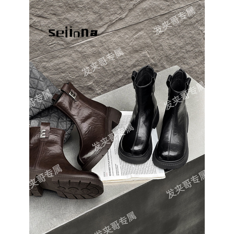 （落秋的雨）2025新款休闲时尚后拉链字母标短靴马丁靴6112A