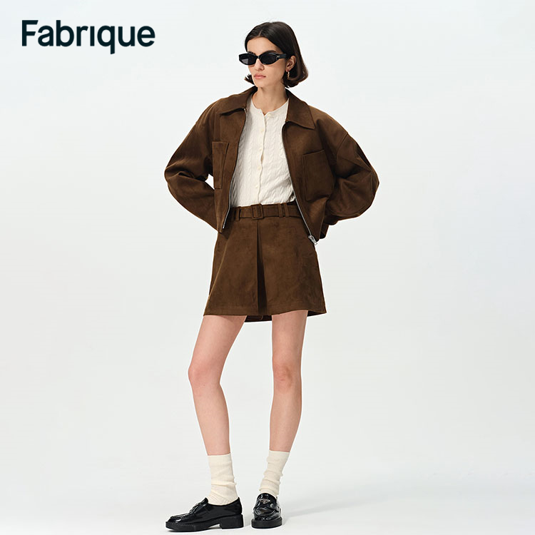 Fabrique Clara 早春新款焦糖棕磨毛质感A型配安全裤高腰短半裙