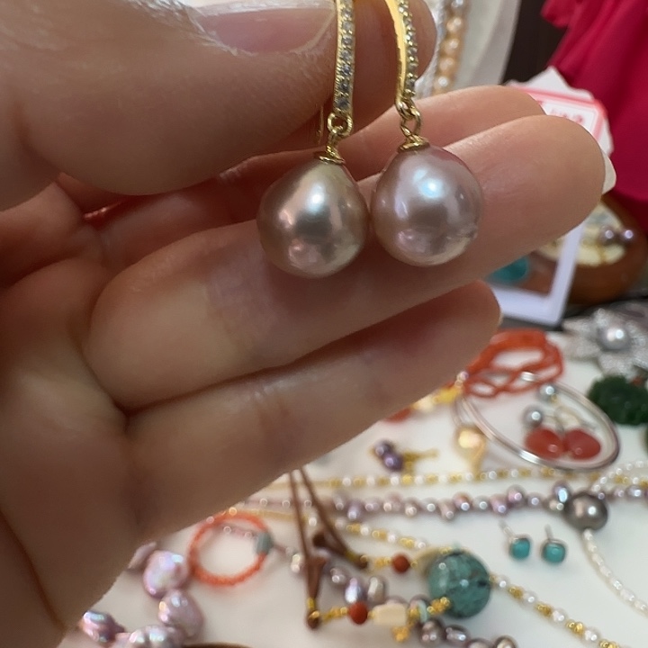 耳饰淡水珍珠银S925镶嵌10.3椭圆飘金有纹