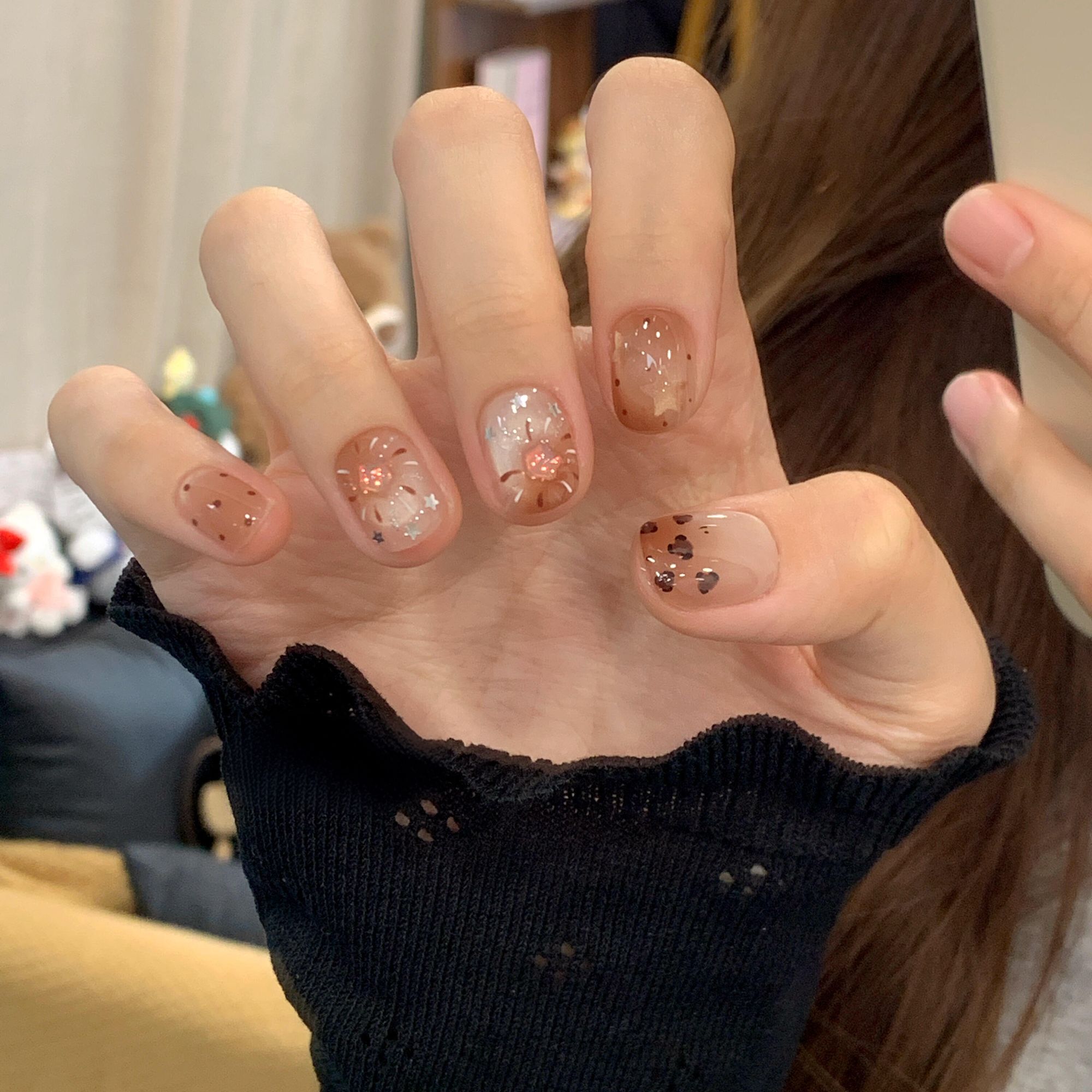 Nice SoSo【星豹】纯手工穿戴甲可爱手绘猫眼渐变碎钻冰透显白小众