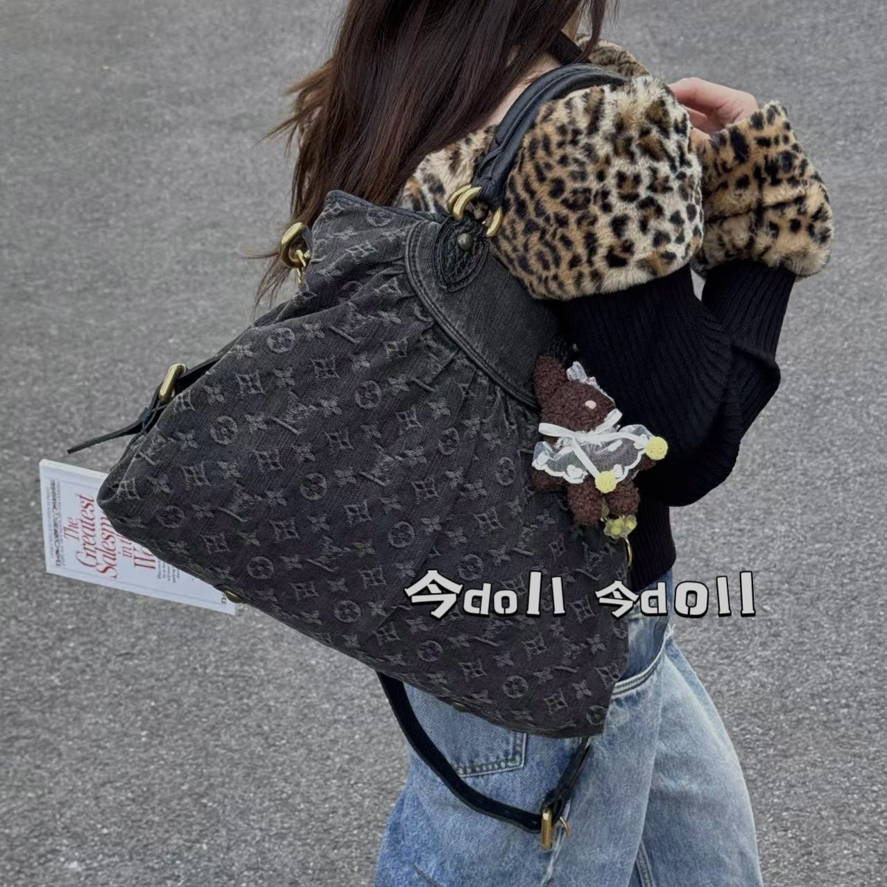 95新 LouisVuitton/路易威登 黑色牛仔大号cabby单肩斜挎包