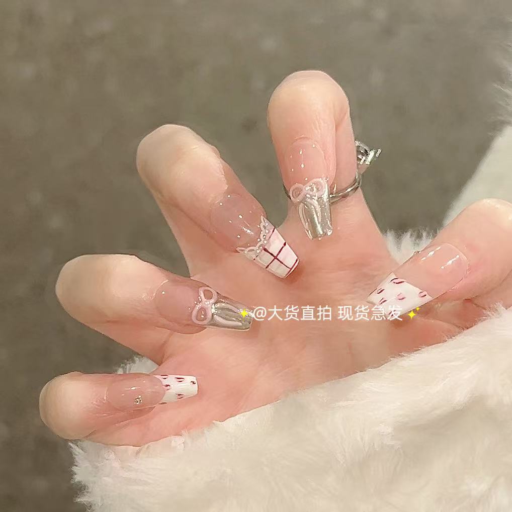 429【桃丽丝】韩系ins风奶油粉豹纹蝴蝶结星星手工显白穿戴美甲